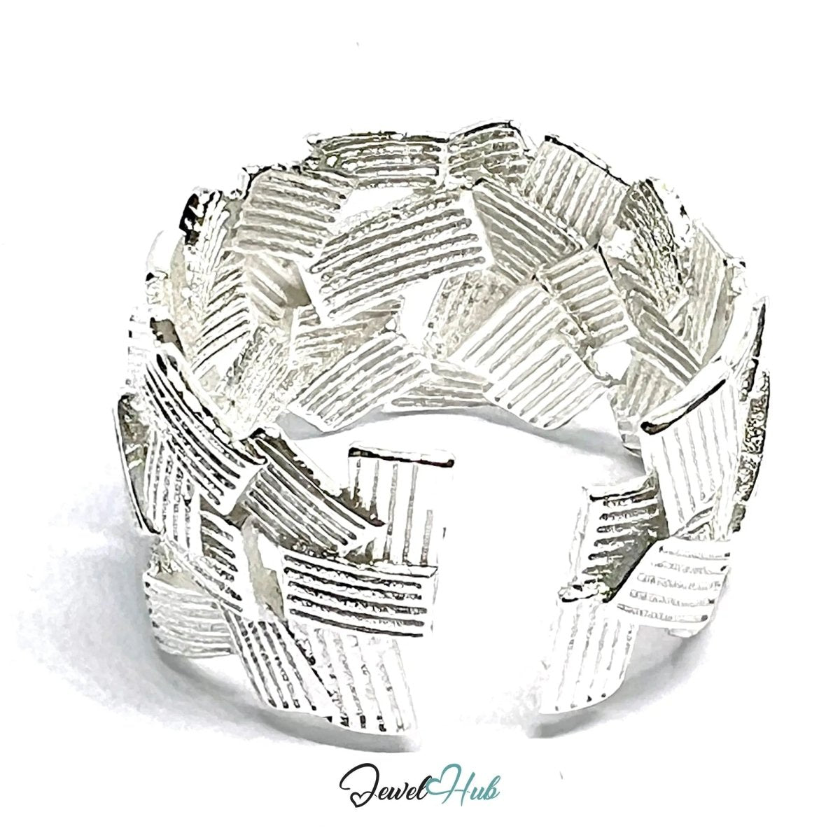 Textured Silver Ring | Bold Adjustable Sterling Silvery Band with Geometric Pattern - JewelHub.co.uk