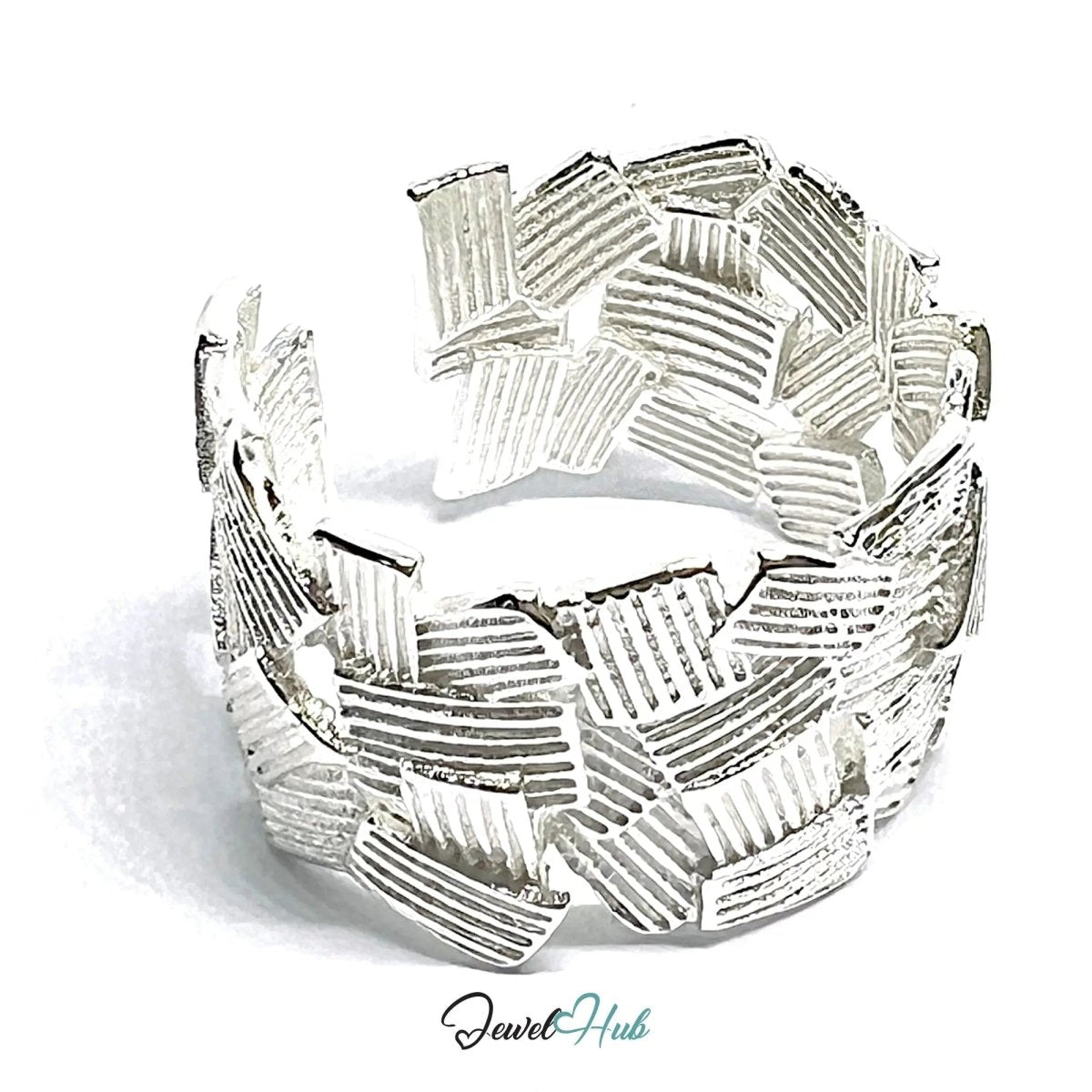 Textured Silver Ring | Bold Adjustable Sterling Silvery Band with Geometric Pattern - JewelHub.co.uk