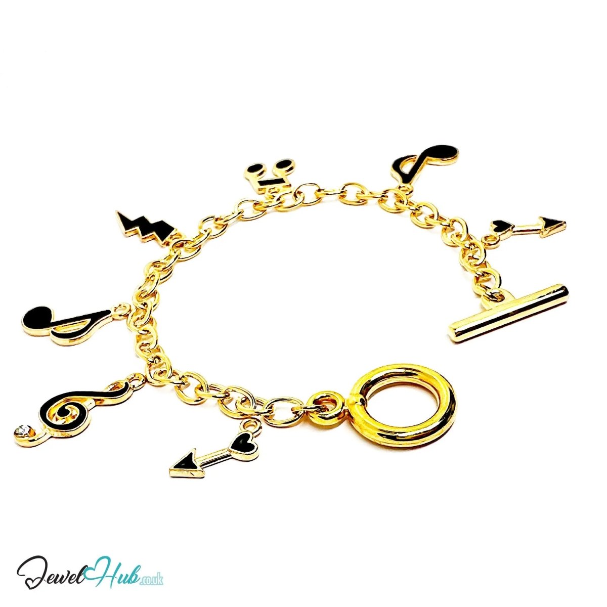 The Music Moments Charm Bracelet · Gold - Tone Plated · Glossy Black Motifs · 19cm - JewelHub.co.uk