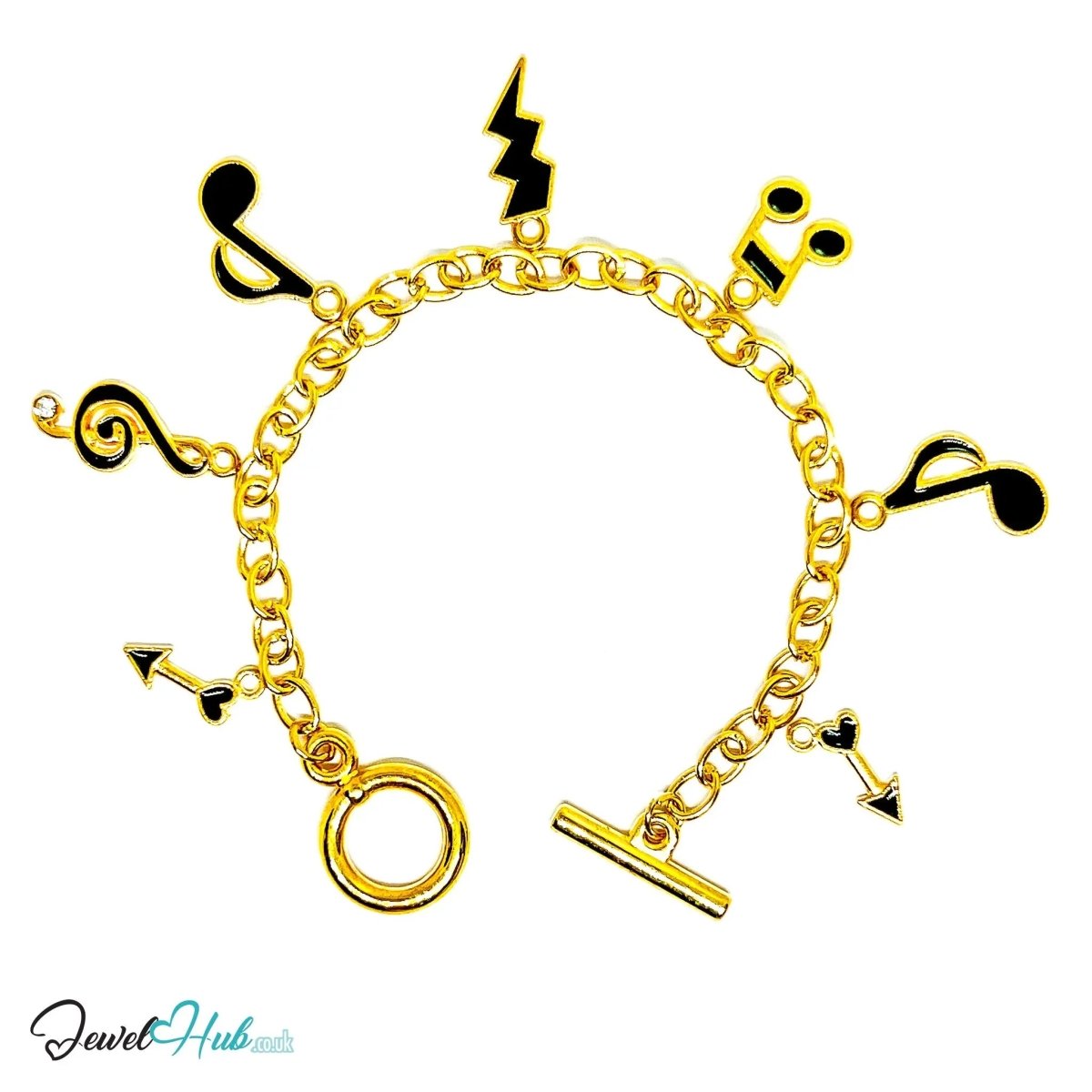 The Music Moments Charm Bracelet · Gold - Tone Plated · Glossy Black Motifs · 19cm - JewelHub.co.uk