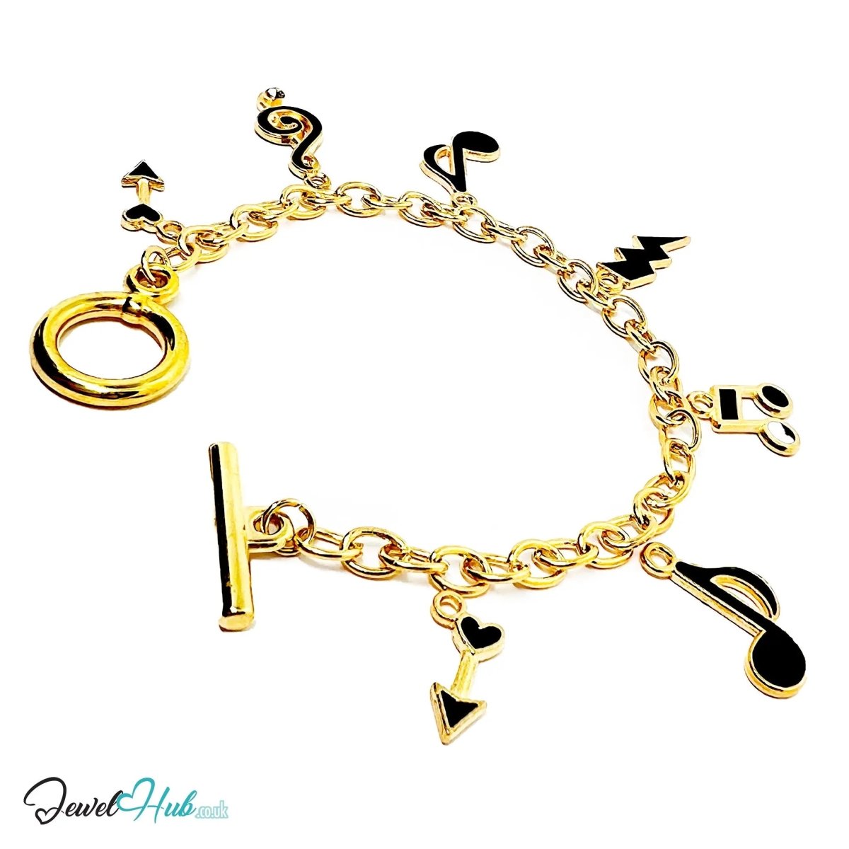 The Music Moments Charm Bracelet · Gold - Tone Plated · Glossy Black Motifs · 19cm - JewelHub.co.uk