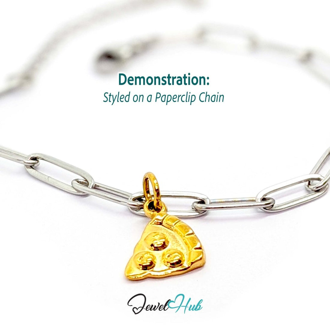 Three topping pizza slice charm in gold stainless steel - styled on a silver paperclip chain bracelet - JewelHub