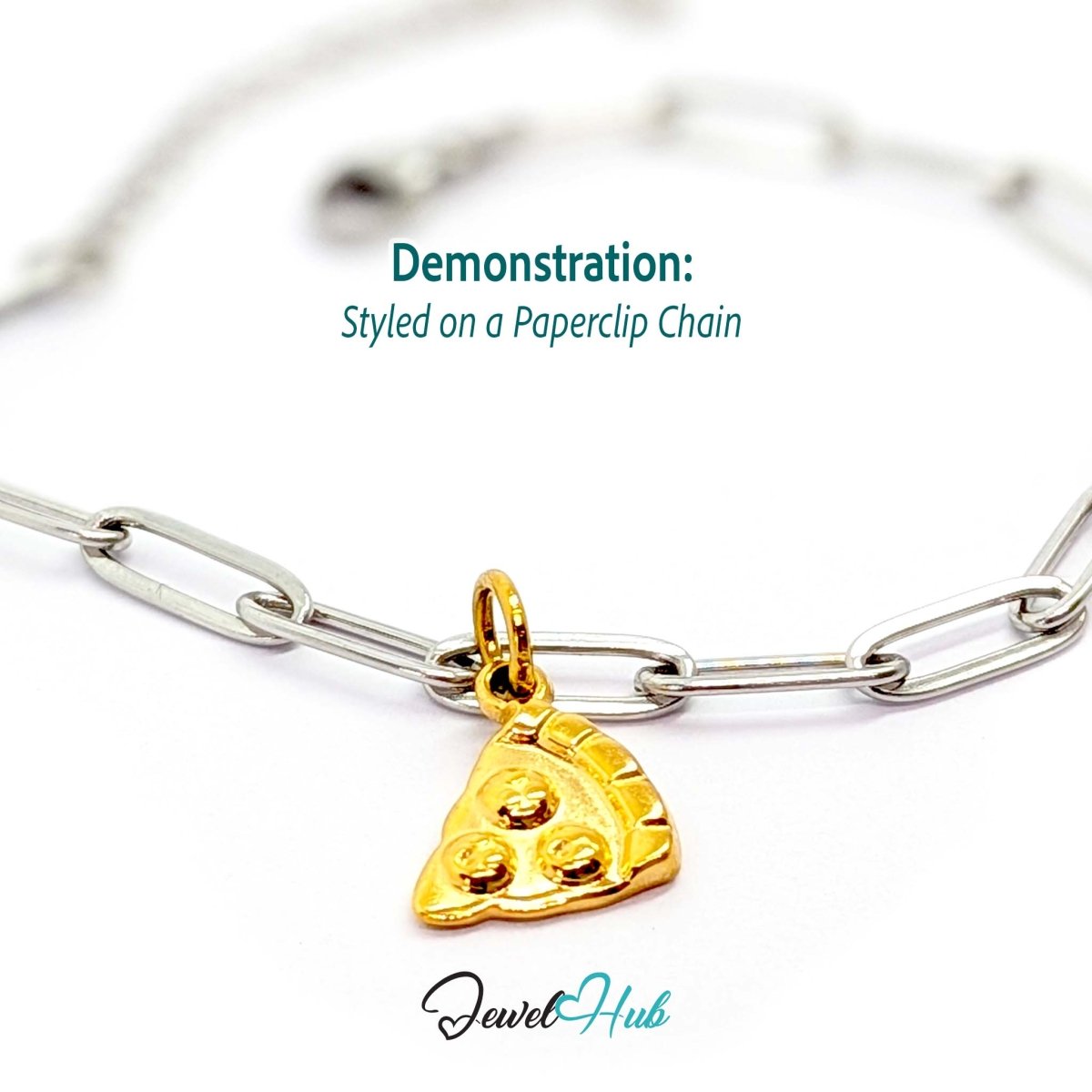 Three topping pizza slice charm in gold stainless steel - styled on a silver paperclip chain bracelet - JewelHub