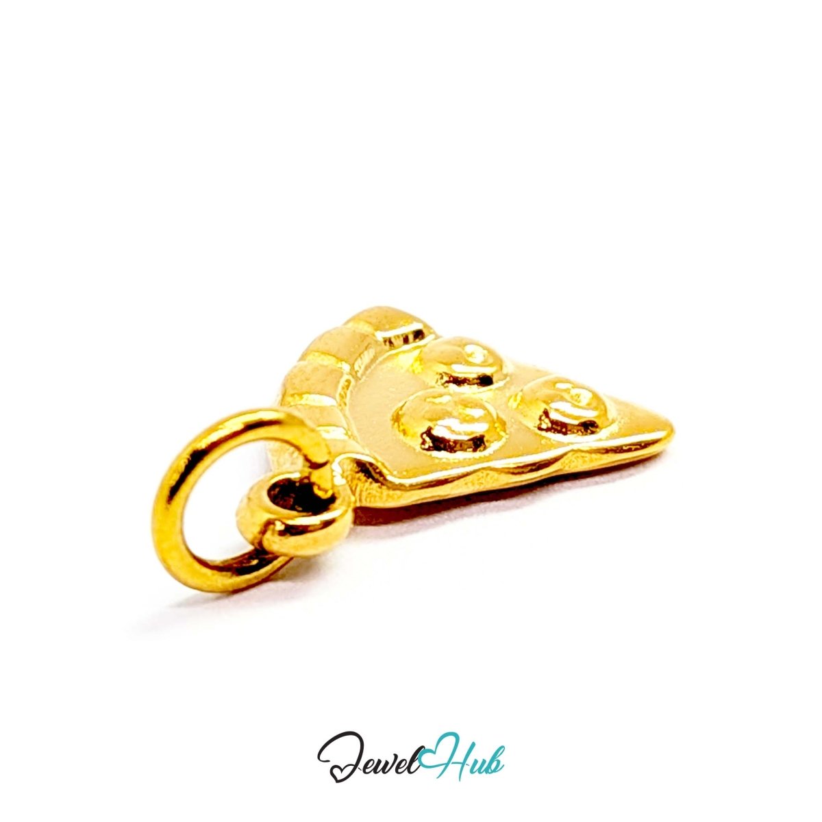 Three topping pizza slice charm in gold stainless steel - angled view - JewelHub