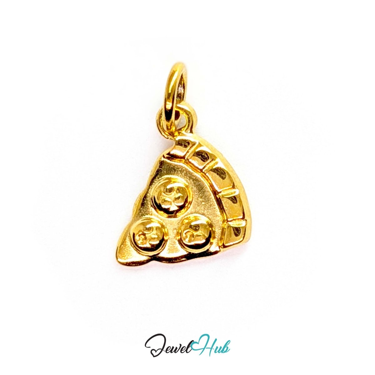 Three topping pizza slice charm in gold stainless steel - front view - JewelHub
