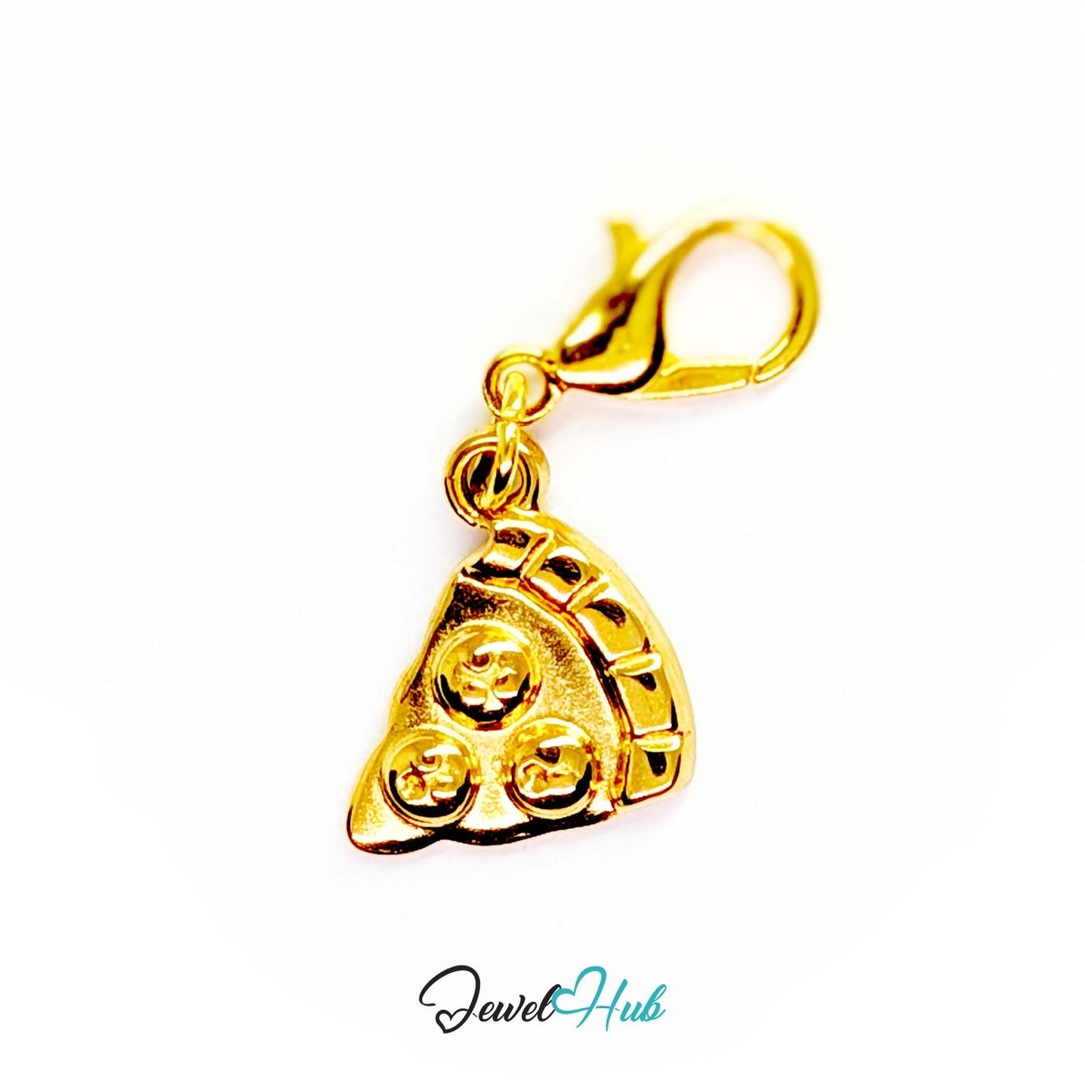 Three topping pizza slice charm in gold stainless steel - shown with the lobster clasp attached - JewelHub