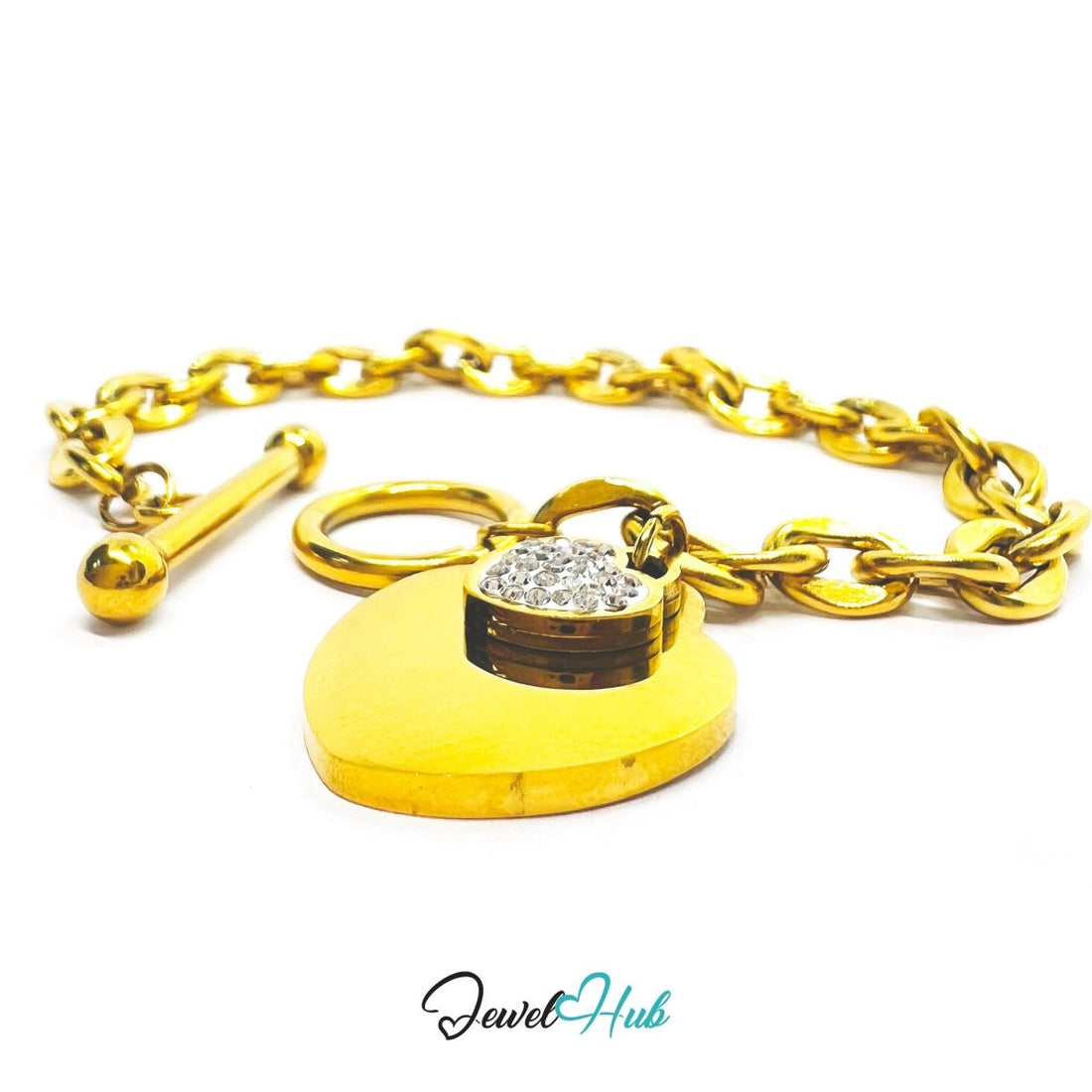 Titanium Steel Double Heart Zirconia Gold Chain Bracelet - JewelHub.co.uk