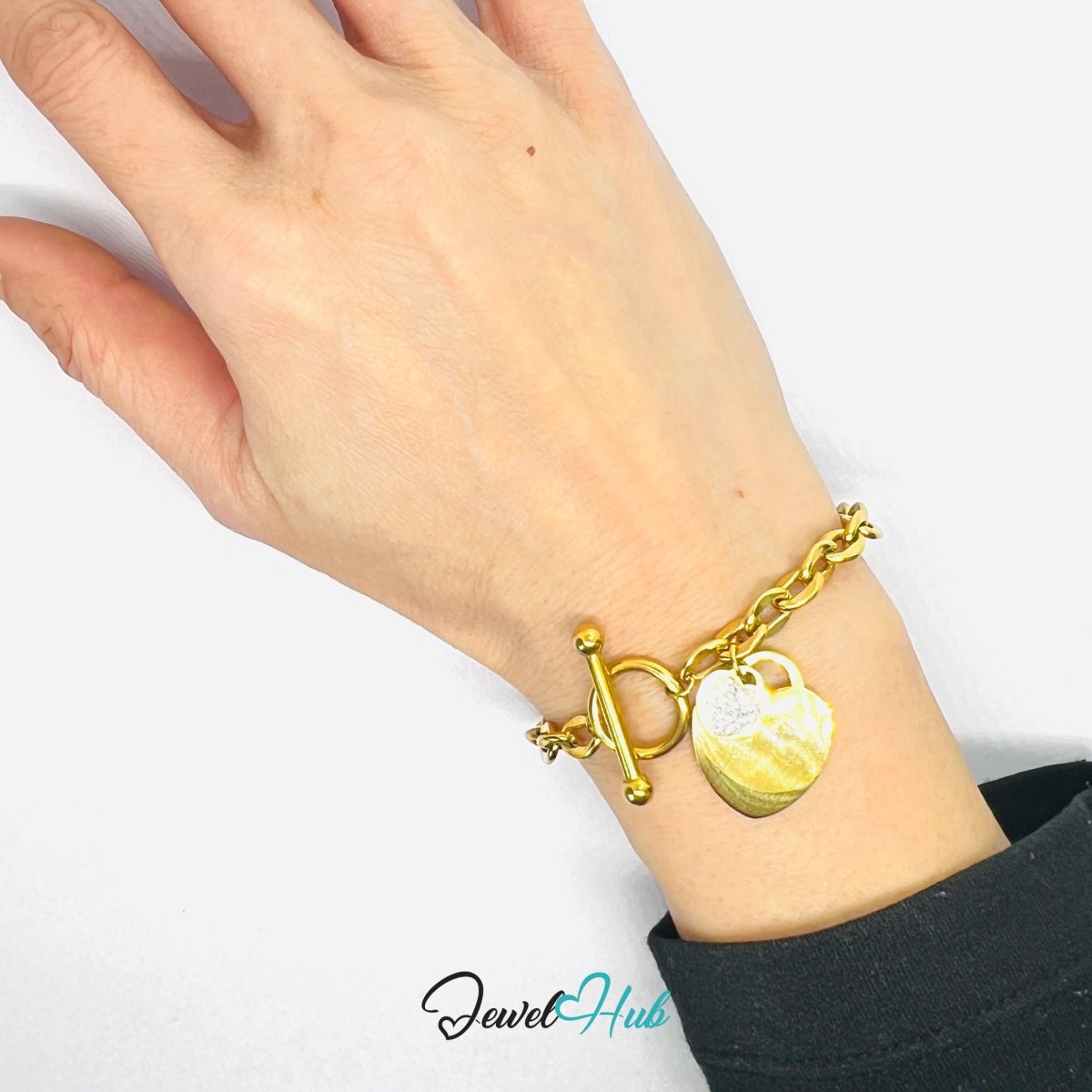 Titanium Steel Double Heart Zirconia Gold Chain Bracelet - JewelHub.co.uk