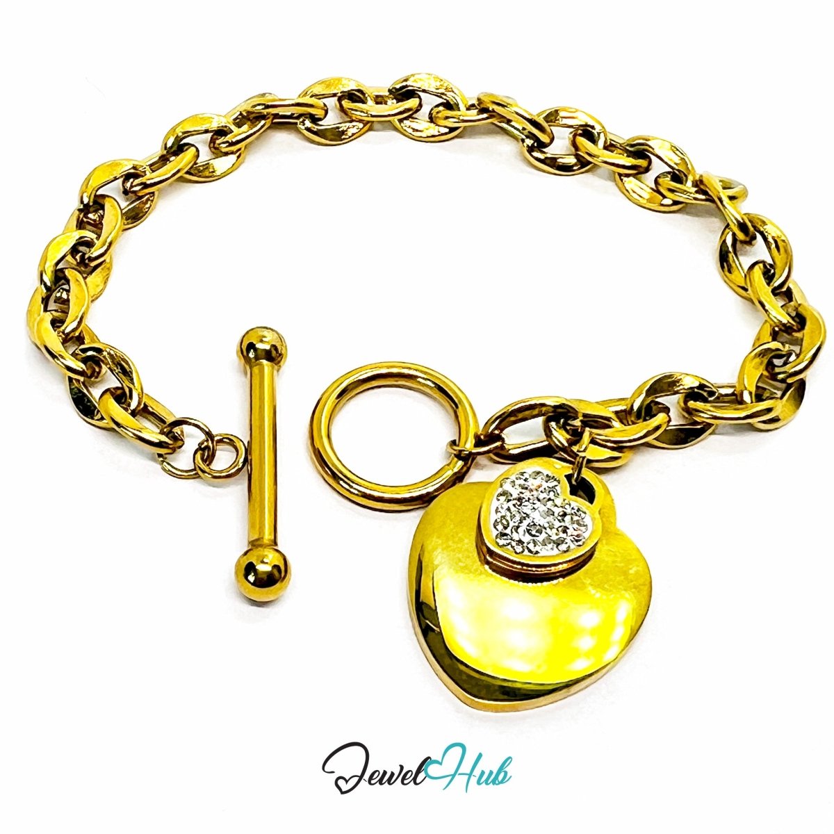 Titanium Steel Double Heart Zirconia Gold Chain Bracelet - JewelHub.co.uk