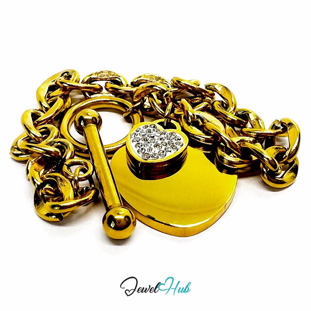 Titanium Steel Double Heart Zirconia Gold Chain Bracelet - JewelHub.co.uk