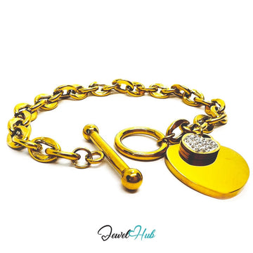 Titanium Steel Double Heart Zirconia Gold Chain Bracelet - JewelHub.co.uk