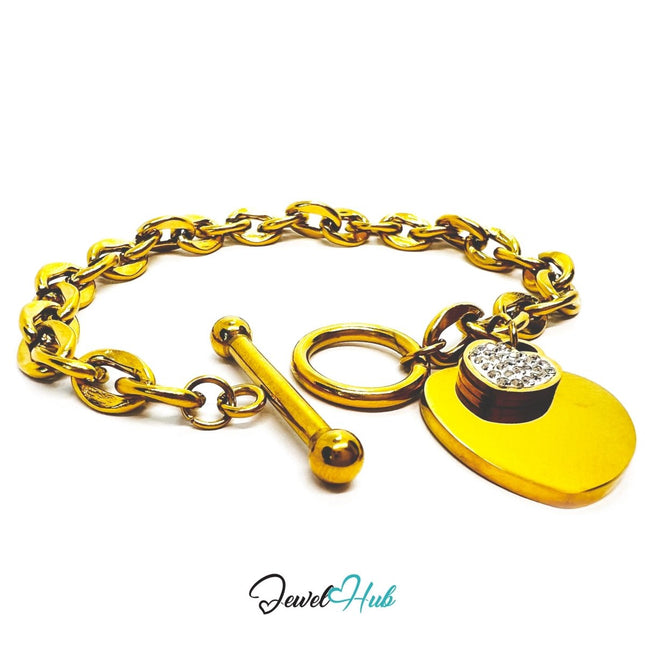 Titanium Steel Double Heart Zirconia Gold Chain Bracelet - JewelHub.co.uk