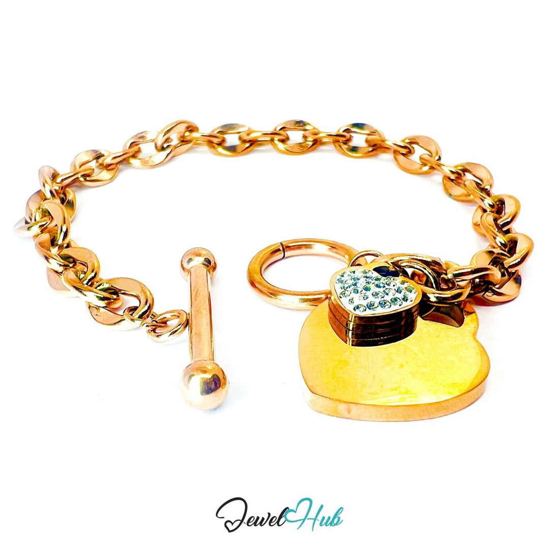 Titanium Steel Double Heart Zirconia Rose Gold Chain Bracelet - JewelHub.co.uk