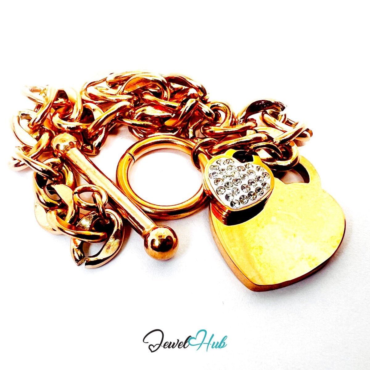 Titanium Steel Double Heart Zirconia Rose Gold Chain Bracelet - JewelHub.co.uk