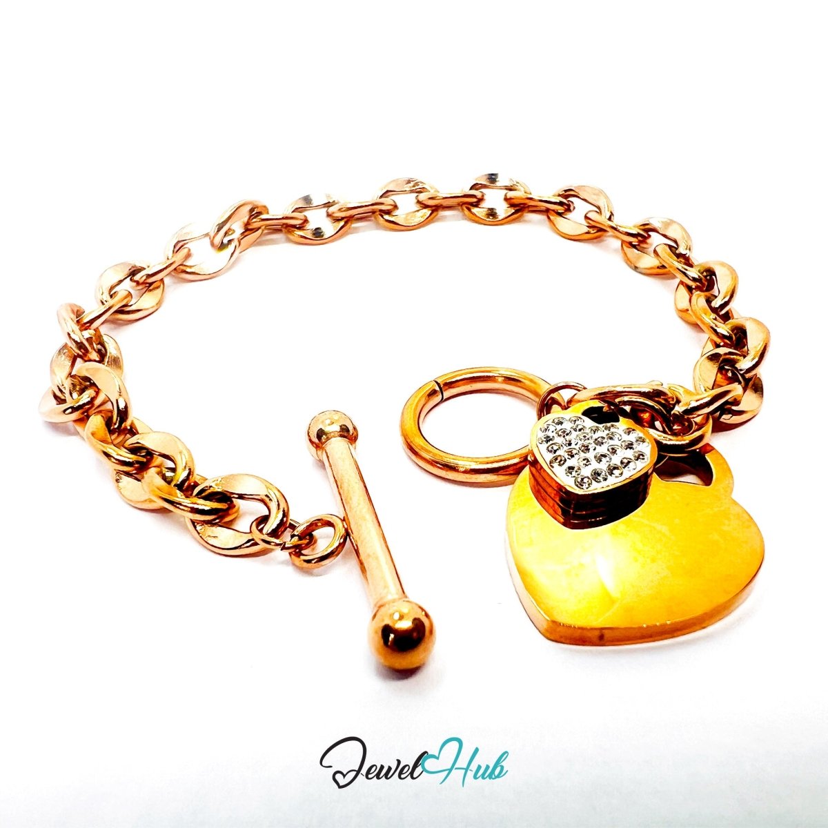 Titanium Steel Double Heart Zirconia Rose Gold Chain Bracelet - JewelHub.co.uk