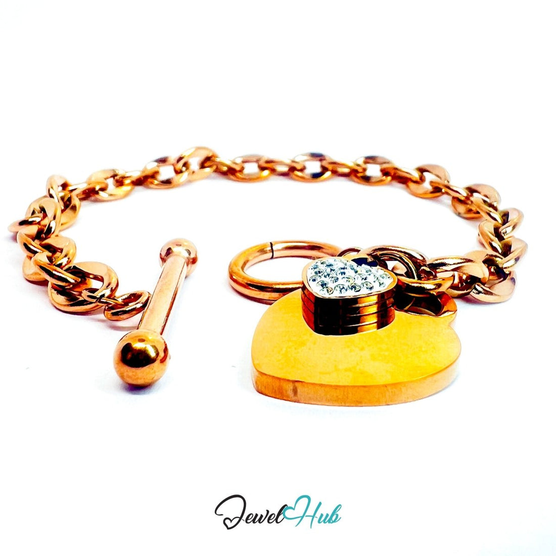 Titanium Steel Double Heart Zirconia Rose Gold Chain Bracelet - JewelHub.co.uk