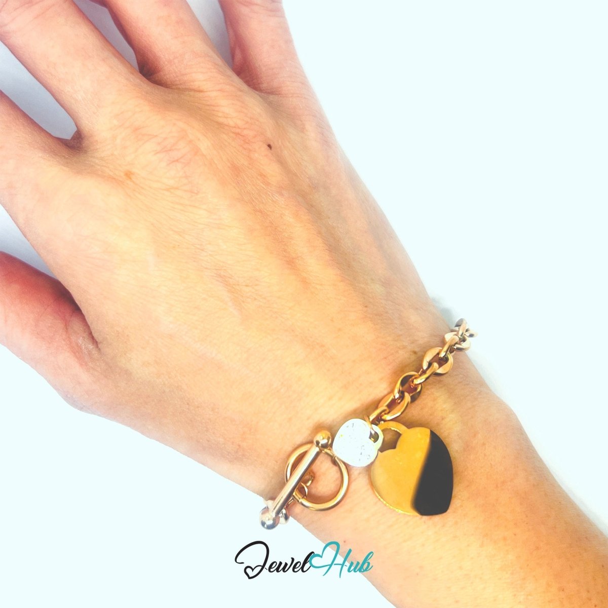 Titanium Steel Double Heart Zirconia Rose Gold Chain Bracelet - JewelHub.co.uk