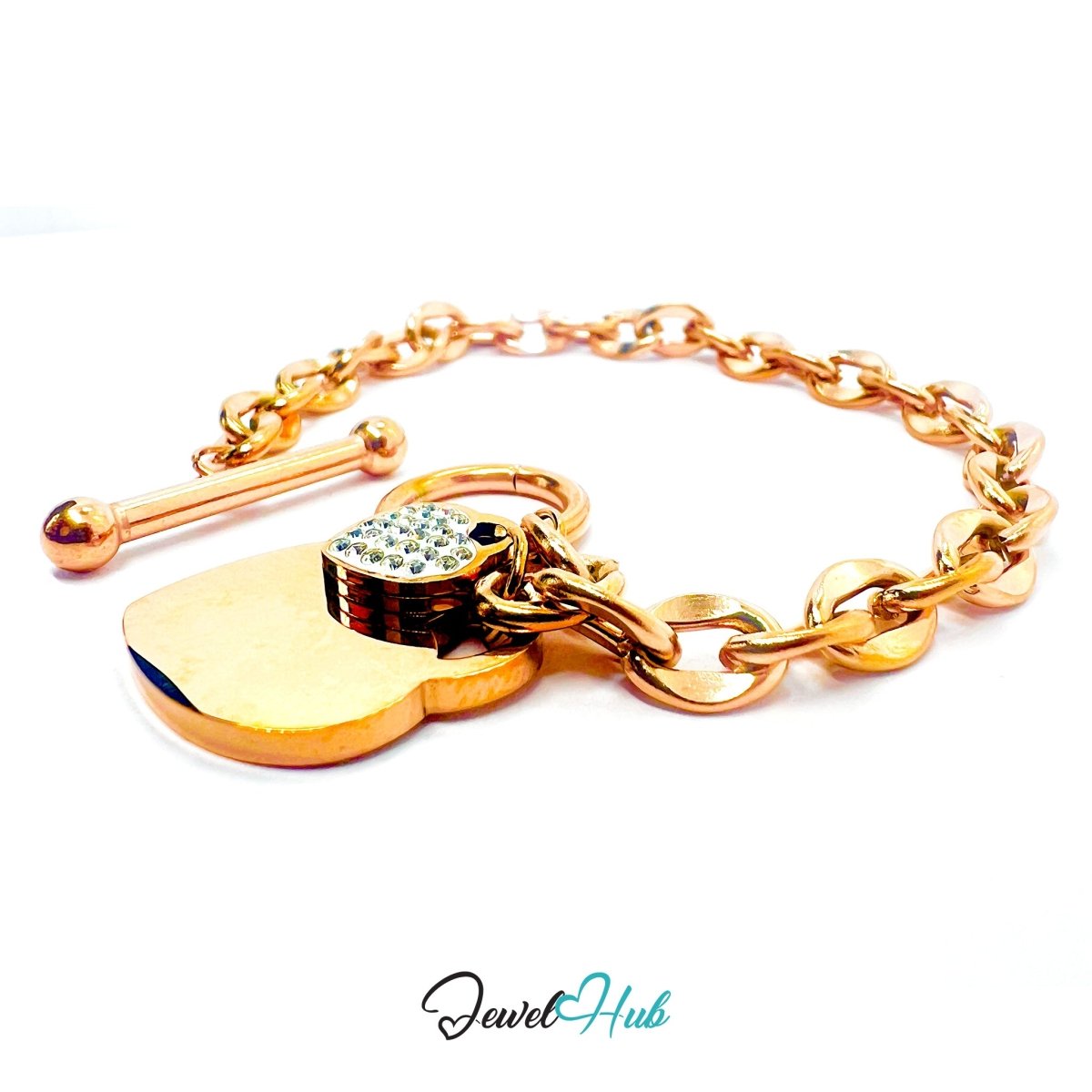 Titanium Steel Double Heart Zirconia Rose Gold Chain Bracelet - JewelHub.co.uk