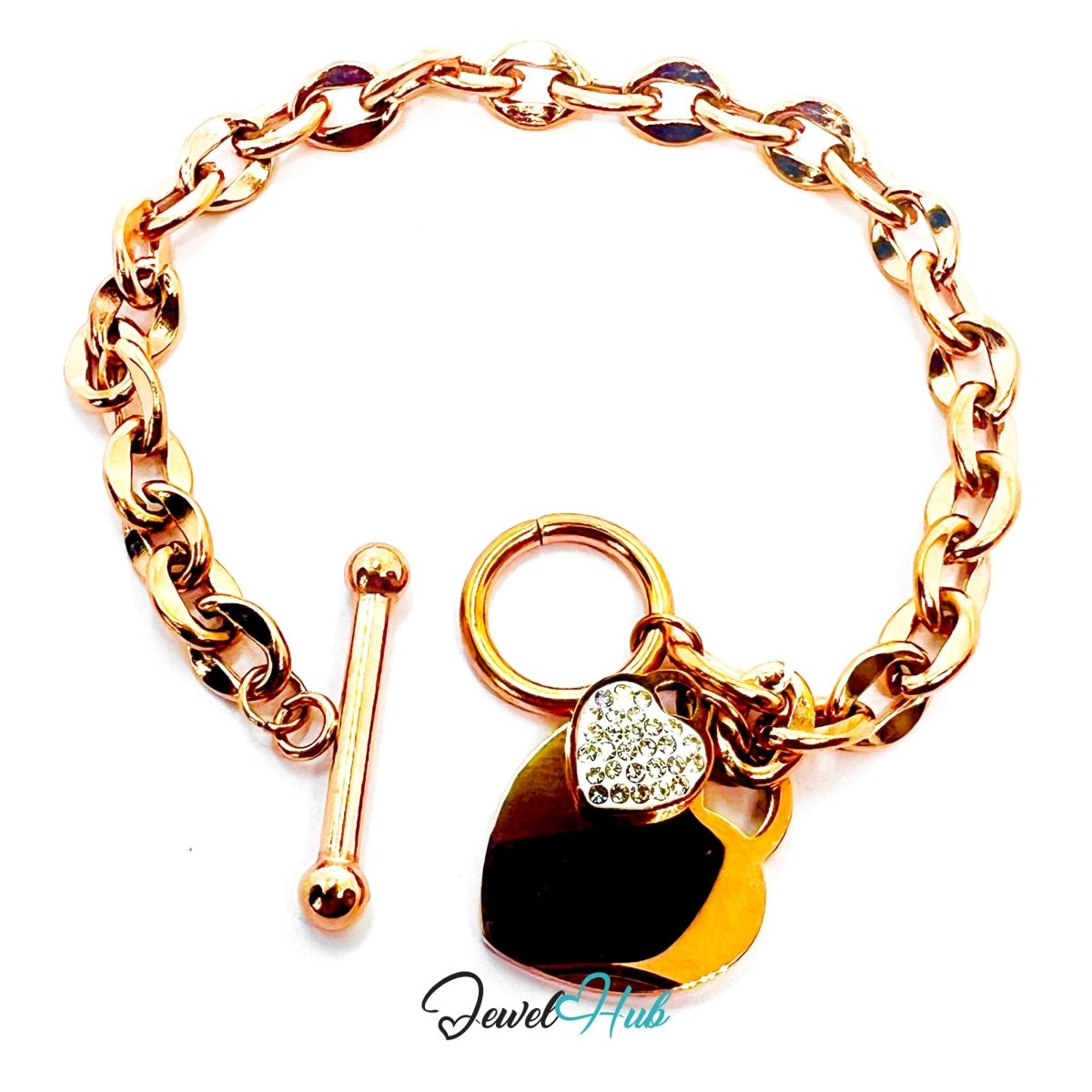 Titanium Steel Double Heart Zirconia Rose Gold Chain Bracelet - JewelHub.co.uk