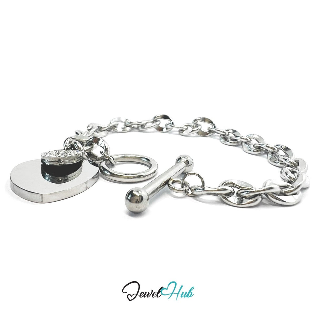 Titanium Steel Double Heart Zirconia Silvery Chain Bracelet - JewelHub.co.uk