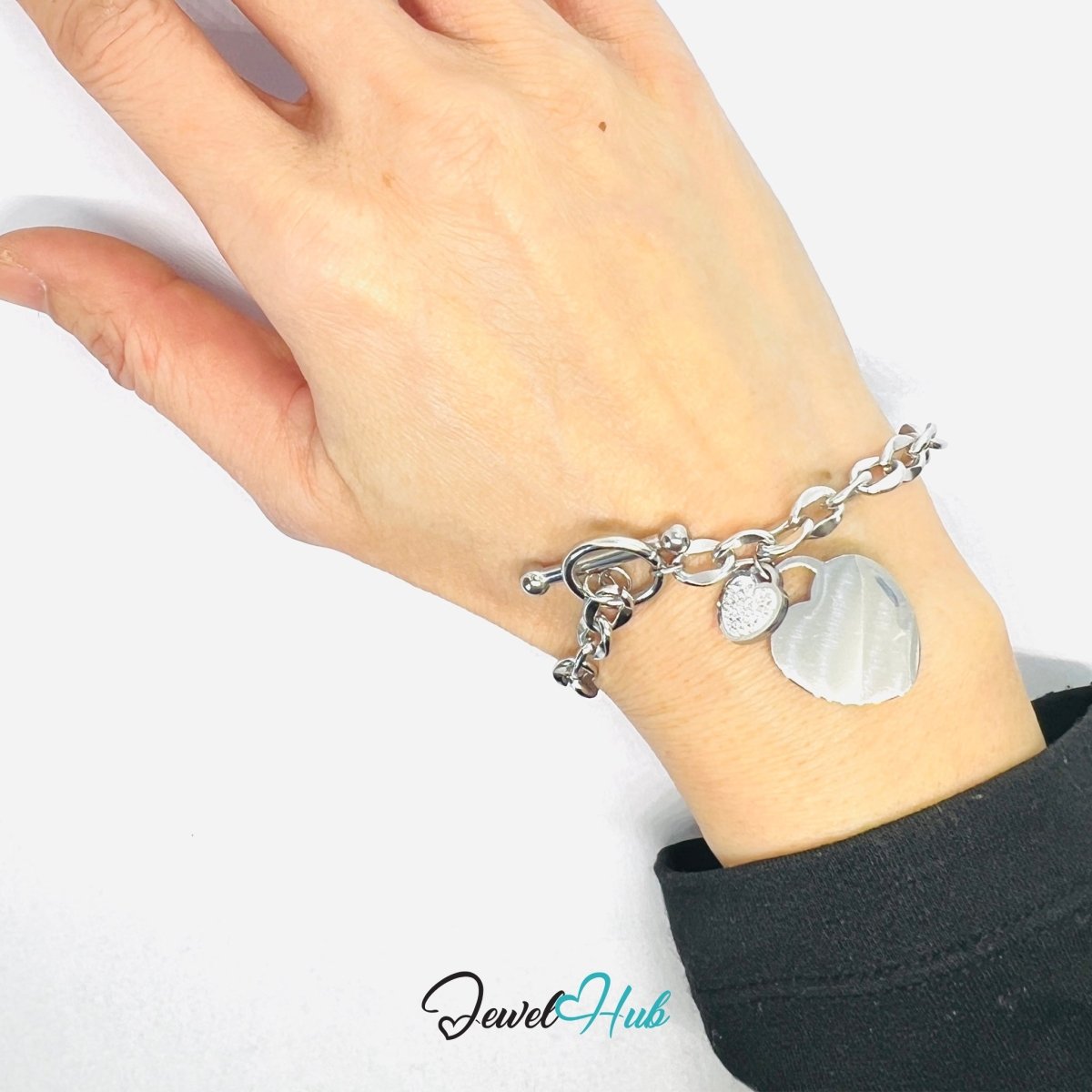 Titanium Steel Double Heart Zirconia Silvery Chain Bracelet - JewelHub.co.uk