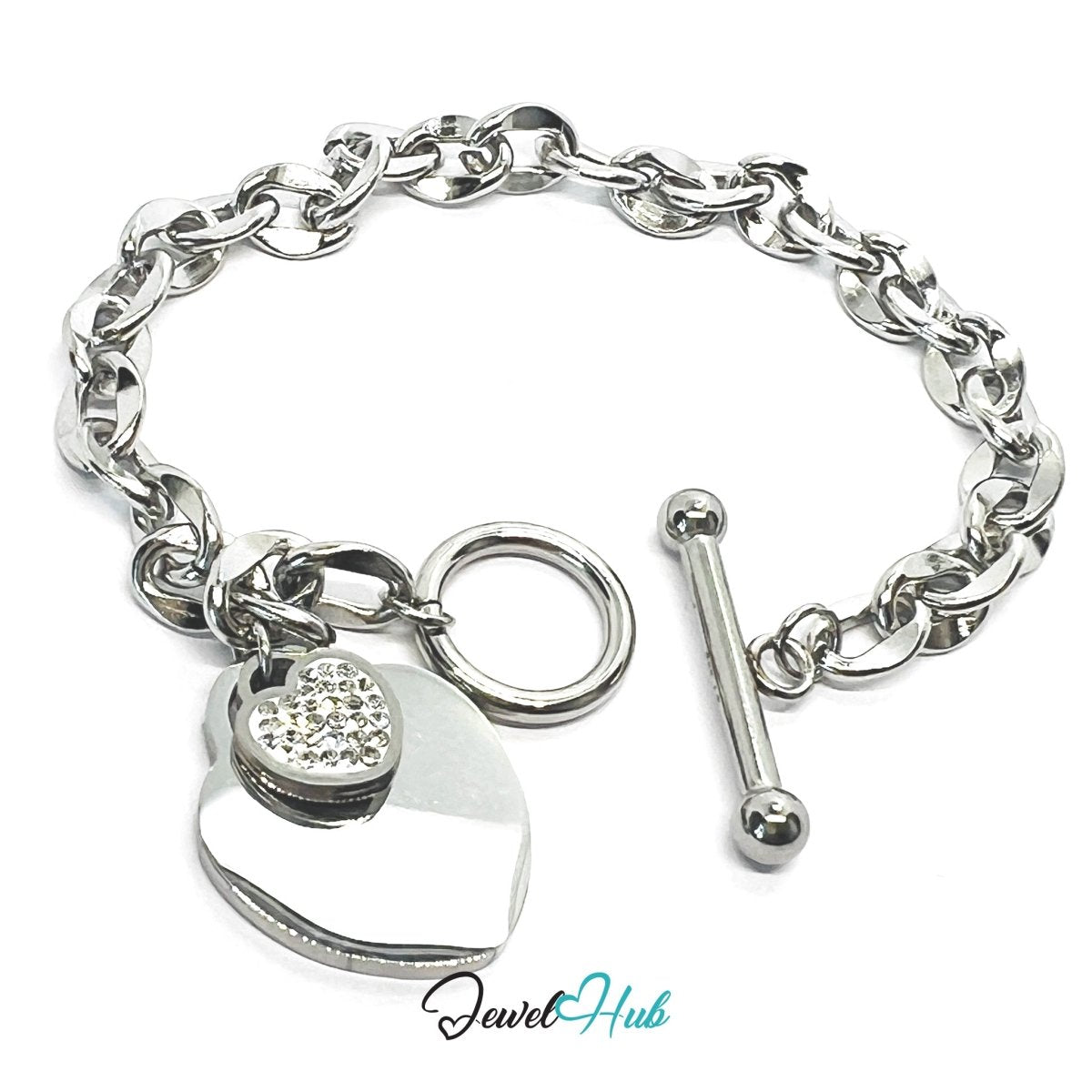 Titanium Steel Double Heart Zirconia Silvery Chain Bracelet - JewelHub.co.uk
