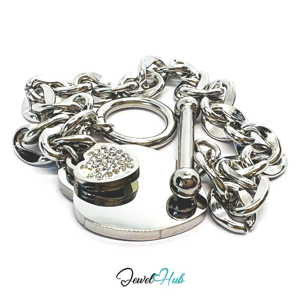 Titanium Steel Double Heart Zirconia Silvery Chain Bracelet - JewelHub.co.uk