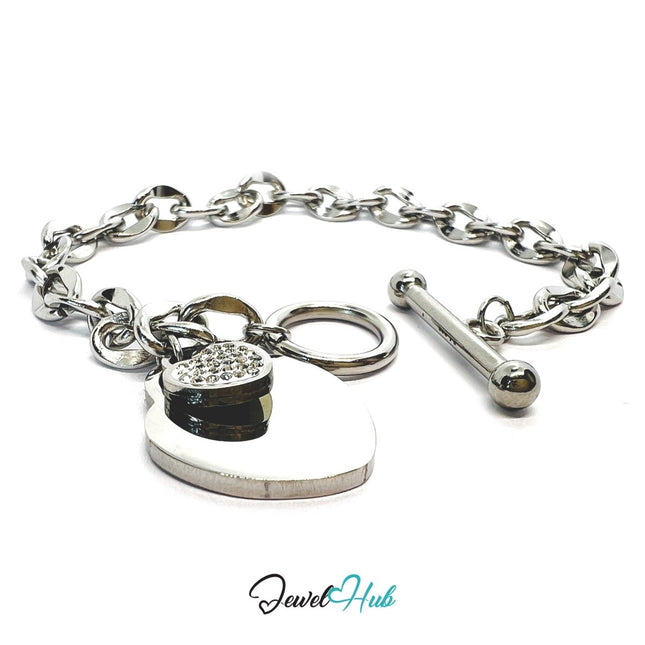 Titanium Steel Double Heart Zirconia Silvery Chain Bracelet - JewelHub.co.uk