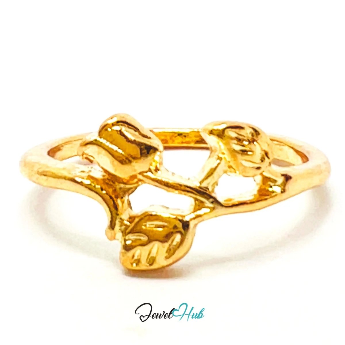 Trio Leaf 🍃 Gold Zinc Alloy Ring · UK K · US 5.5 · Sculpted Botanical Motif · Polished Finish - JewelHub.co.uk