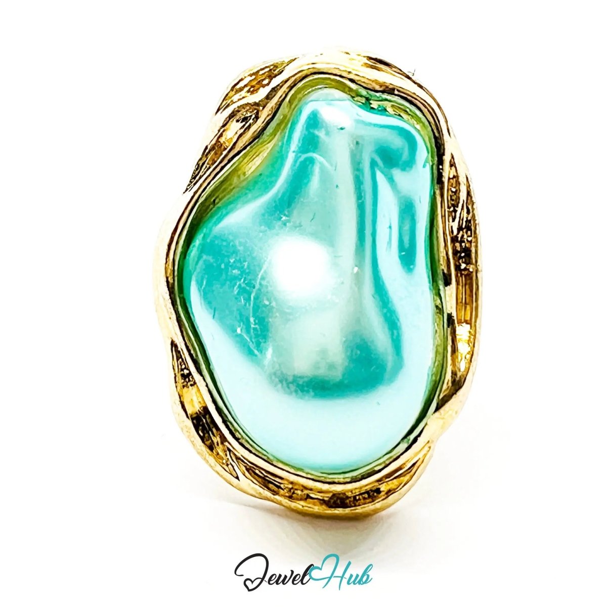 Turquoise Pearl Ring – Adjustable Gold - Plated O–R with Sculptural Setting for Clarity and Renewal - JewelHub.co.uk