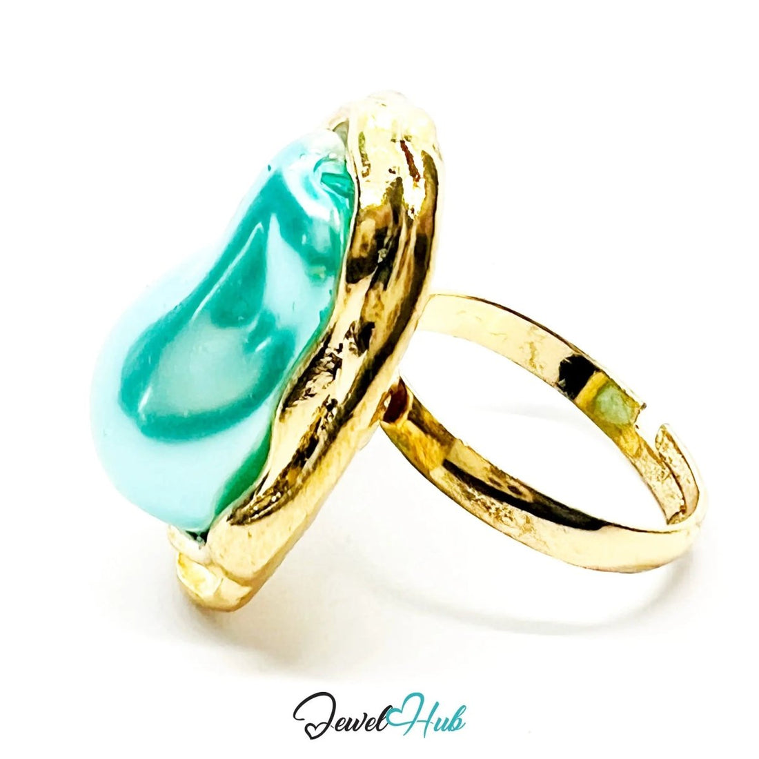 Turquoise Pearl Ring – Adjustable Gold - Plated O–R with Sculptural Setting for Clarity and Renewal - JewelHub.co.uk