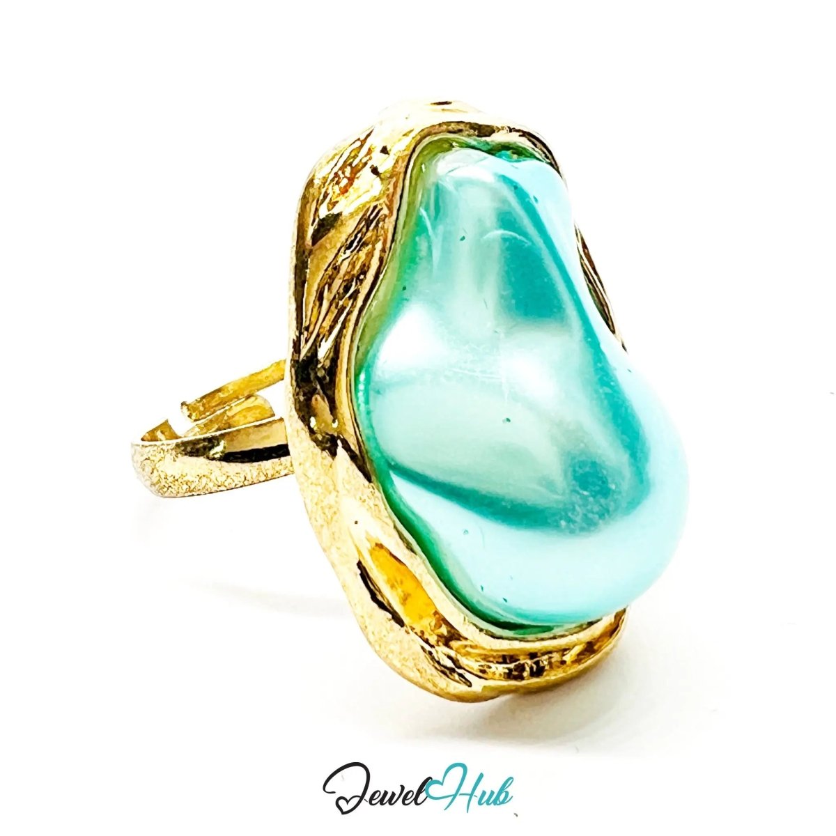 Turquoise Pearl Ring – Adjustable Gold - Plated O–R with Sculptural Setting for Clarity and Renewal - JewelHub.co.uk