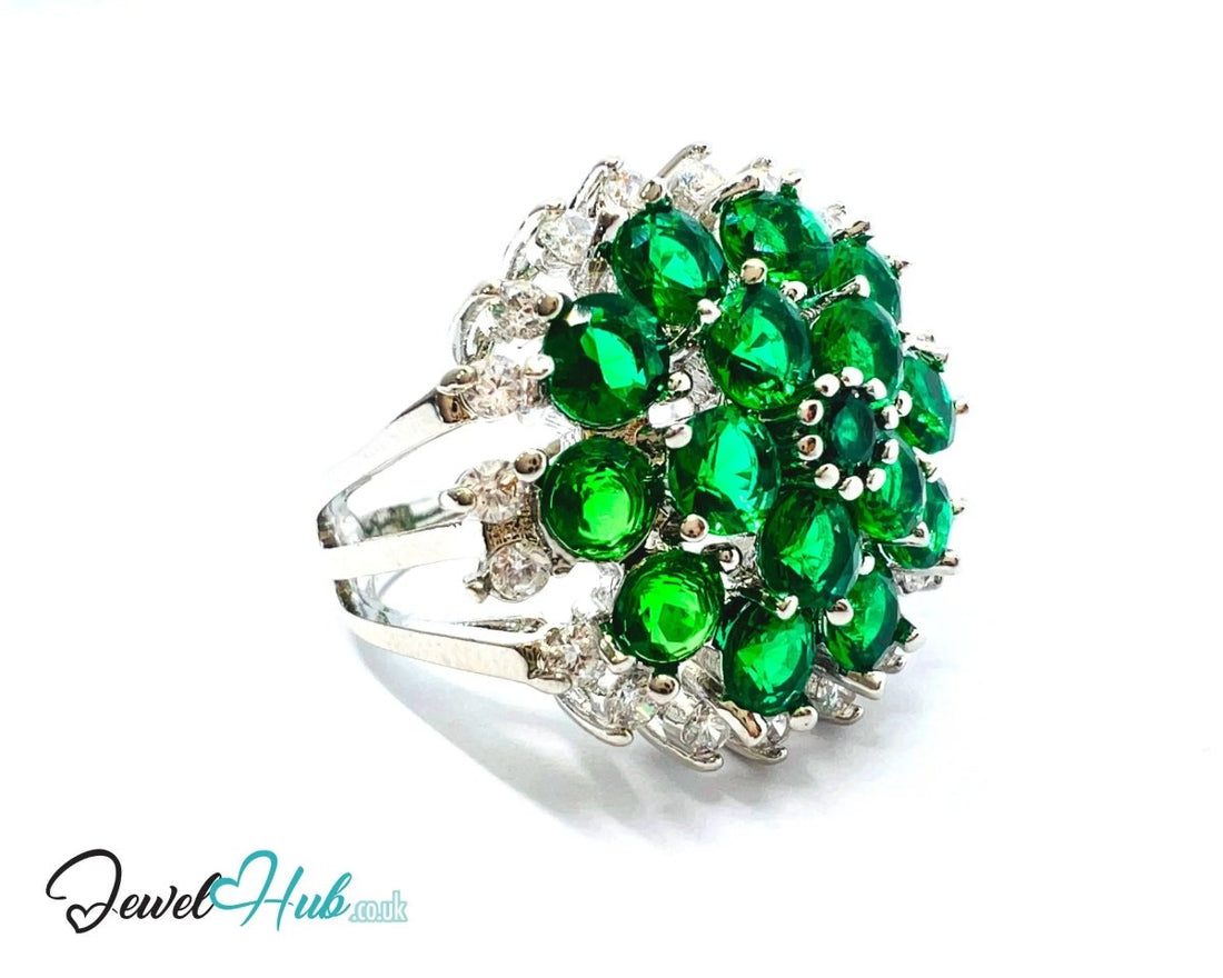 Verdant Bloom Ring 🔱 Premium Copper · Silver Plated · Emerald Cluster & Zirconia Halo - JewelHub.co.uk
