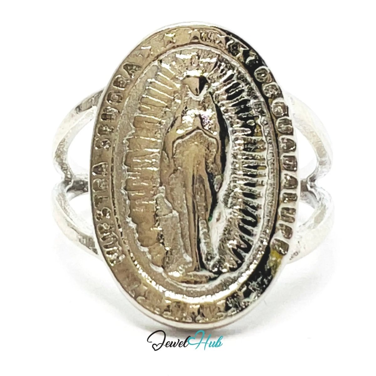 Virgin Mary Oval Ring ✨ Zinc Alloy · UK O · US 7.5 · Engraved Religious Motif · Symbolic · Silver - Tone Finish - JewelHub.co.uk