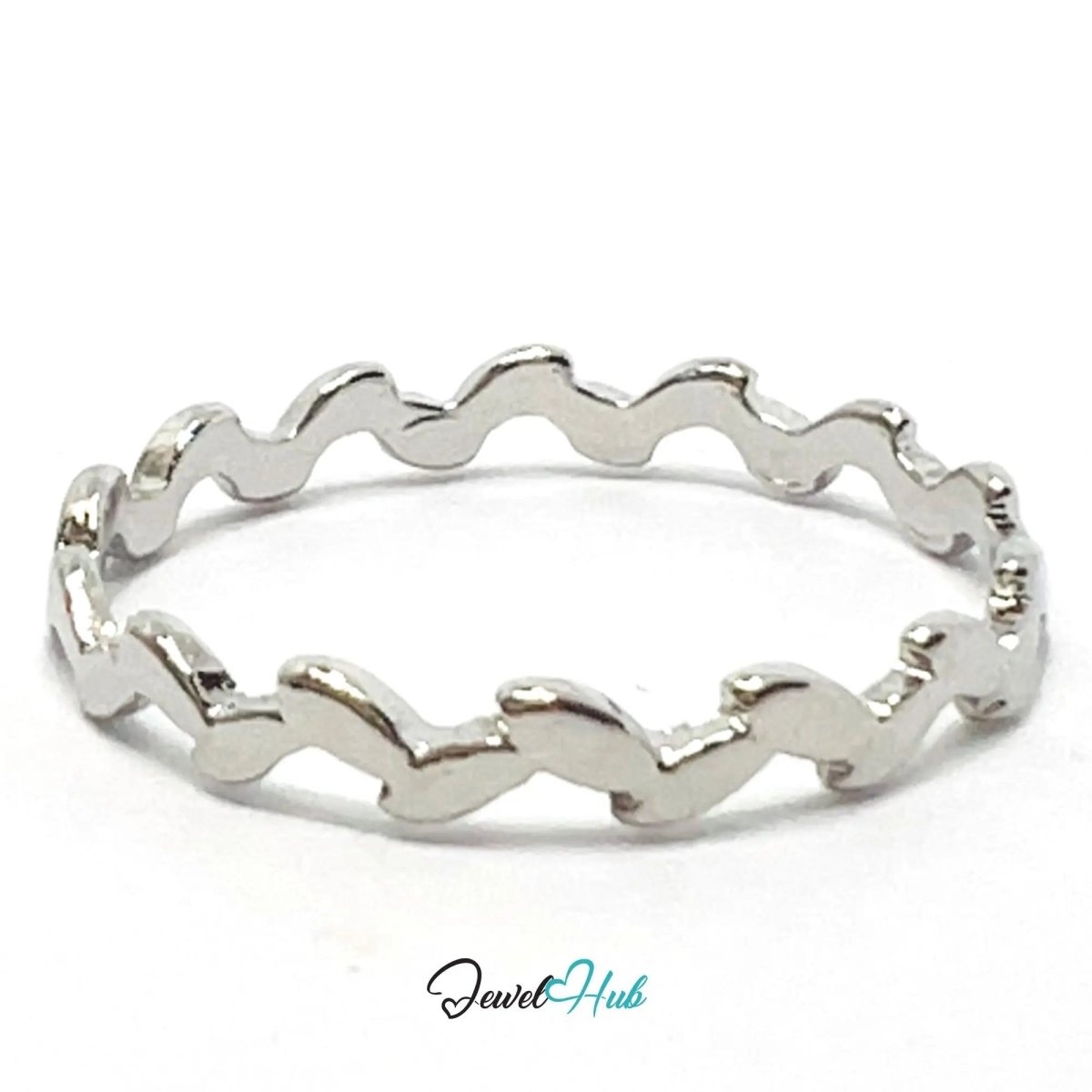 Wave Band Ring 🌊 Zinc Alloy · UK O · US 7.5 · Gentle Ripple Motif · Silver - Tone Finish - JewelHub.co.uk