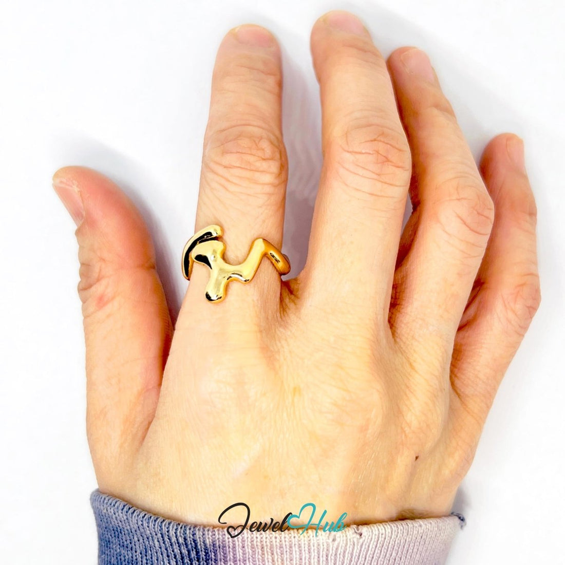 WaveForm Gold - Plated Zinc Ring · Sculptural Curved Statement Band - JewelHub.co.uk