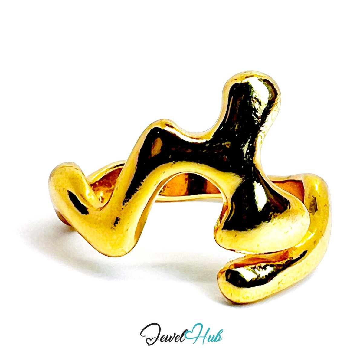 WaveForm Gold - Plated Zinc Ring · Sculptural Curved Statement Band - JewelHub.co.uk