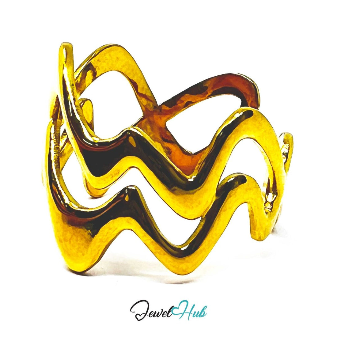Wavy Gold Stainless Steel Ring – Sculptural Statement Band for Everyday Style - JewelHub.co.uk