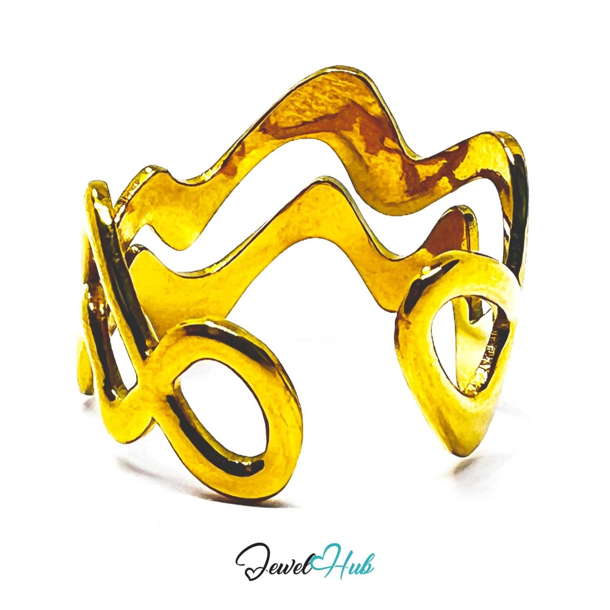Wavy Gold Stainless Steel Ring – Sculptural Statement Band for Everyday Style - JewelHub.co.uk