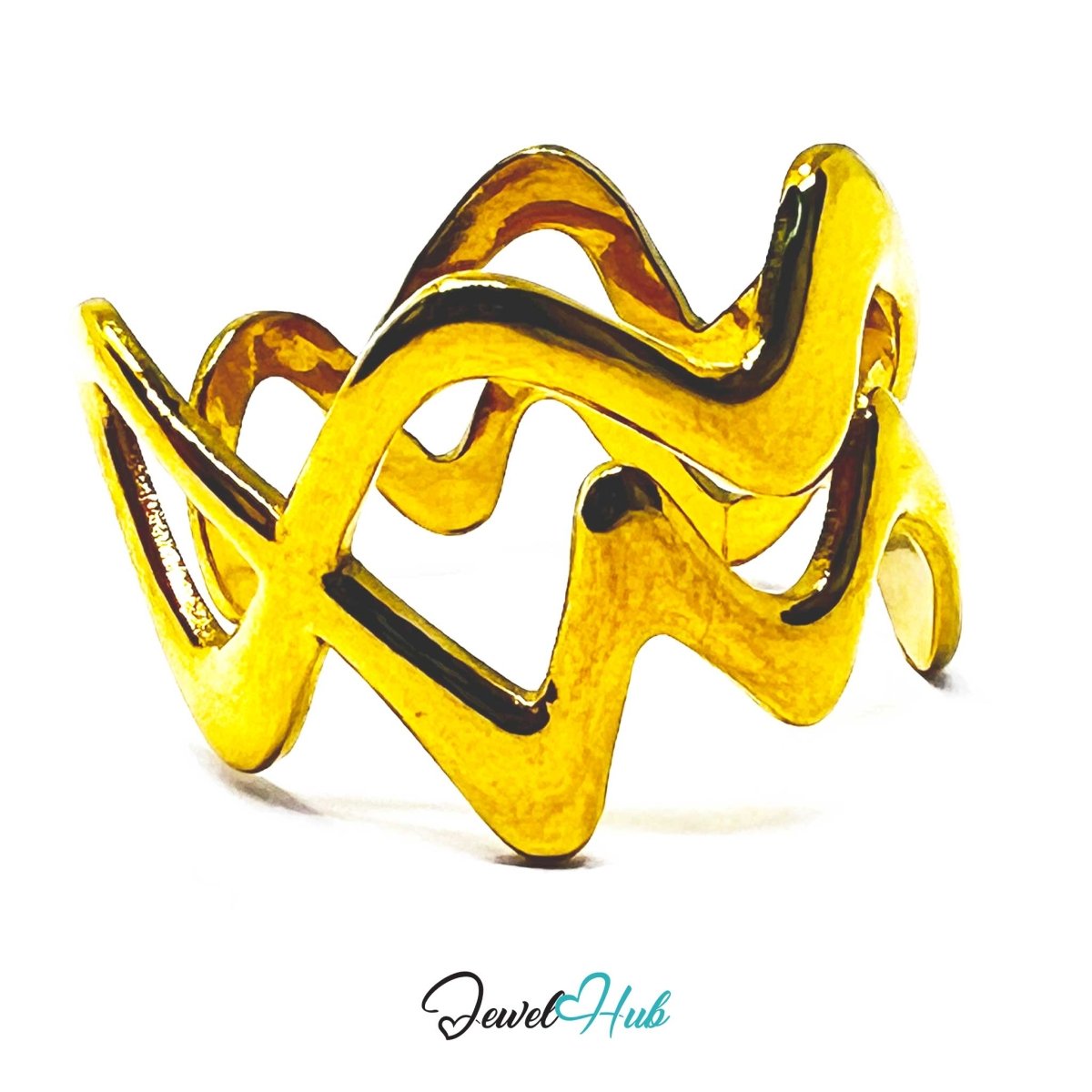 Wavy Gold Stainless Steel Ring – Sculptural Statement Band for Everyday Style - JewelHub.co.uk