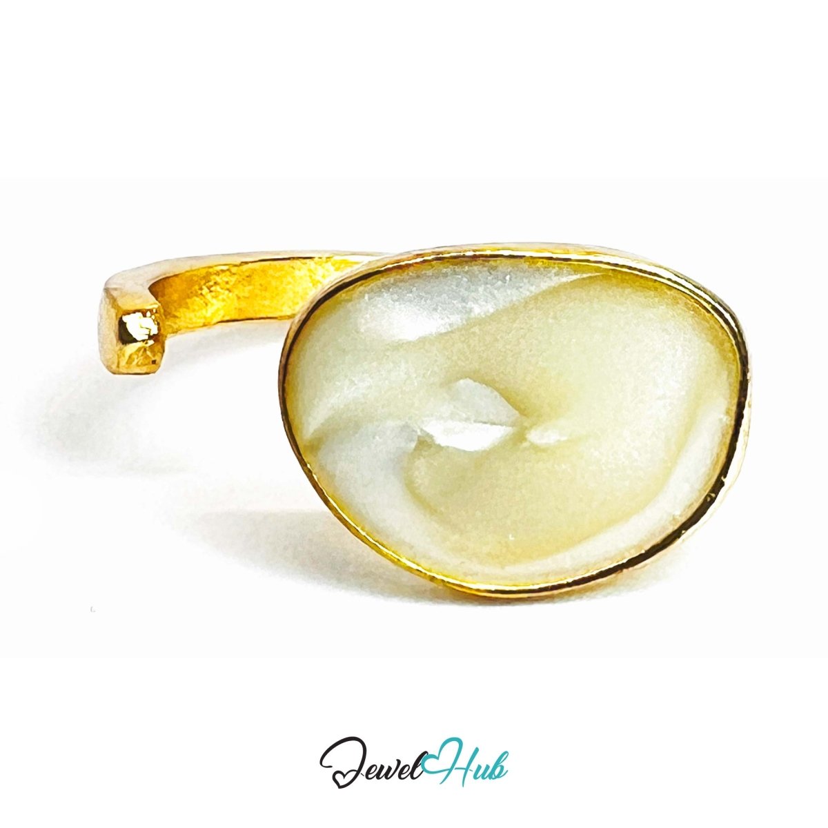 White Resin Opal Gold Ring – Oval Statement Sculptural Setting - JewelHub.co.uk