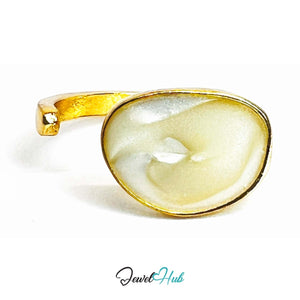 White Resin Opal Gold Ring – Oval Statement Sculptural Setting - JewelHub.co.uk