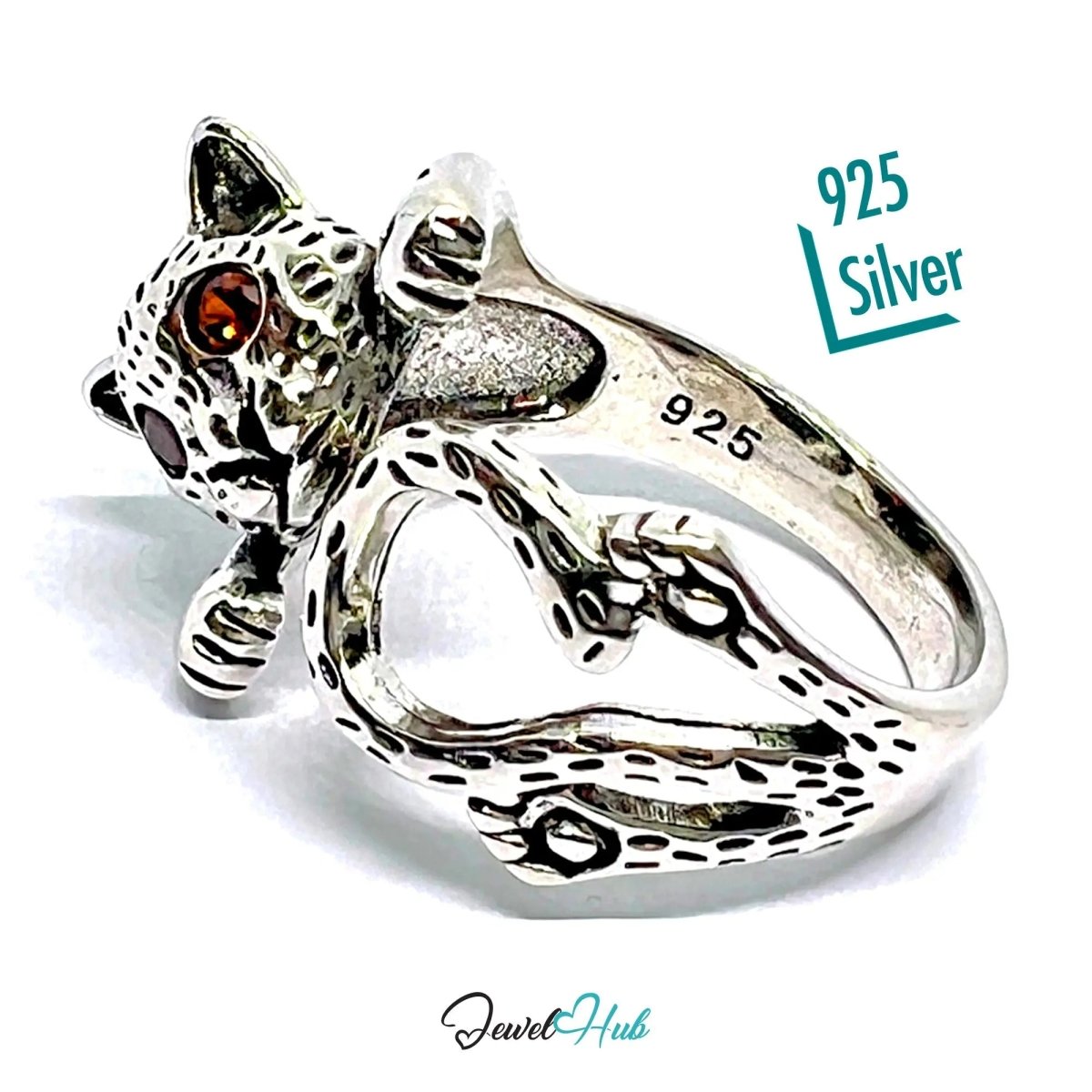 Wild Cat Silver Ring | Hallmarked 925 Adjustable Band with Red Gem Eyes - JewelHub.co.uk