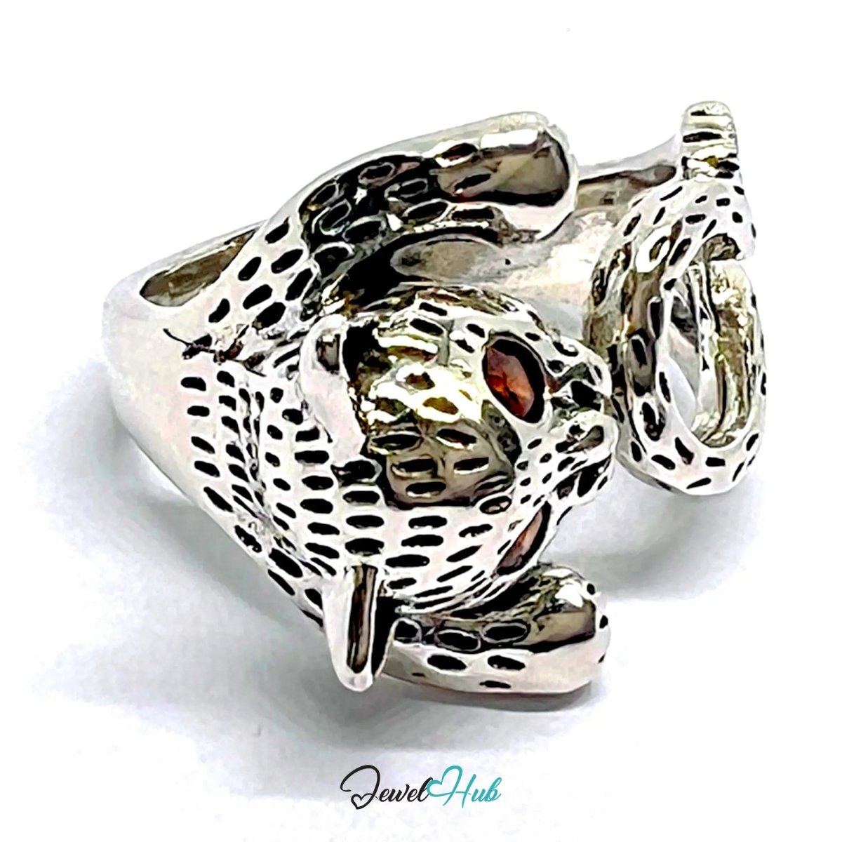 Wild Cat Silver Ring | Hallmarked 925 Adjustable Band with Red Gem Eyes - JewelHub.co.uk