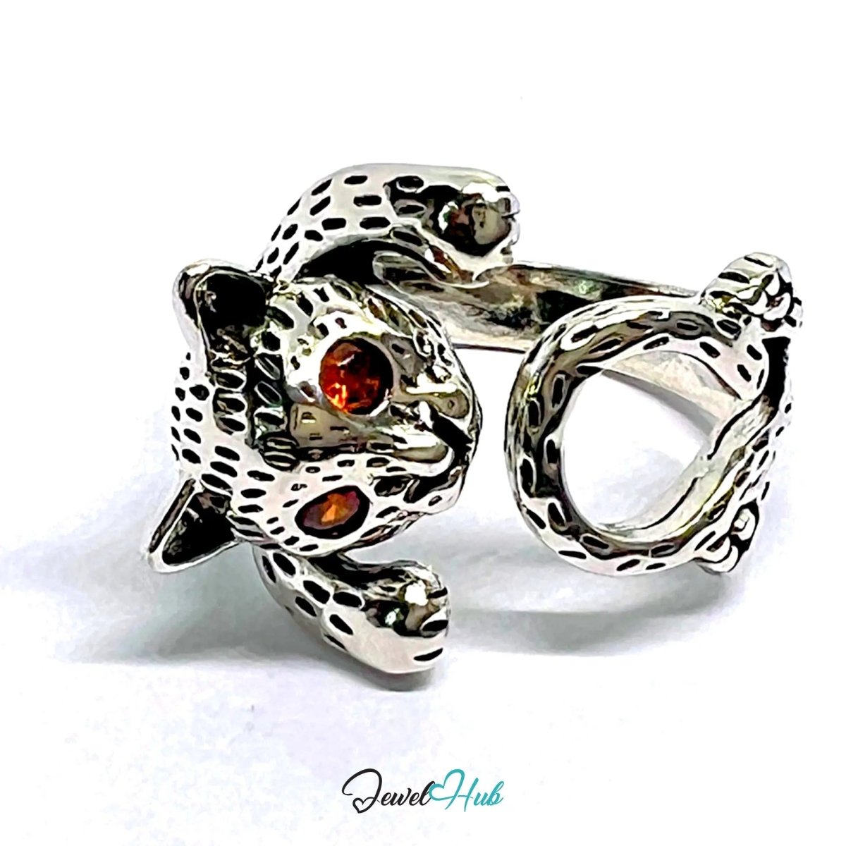 Wild Cat Silver Ring | Hallmarked 925 Adjustable Band with Red Gem Eyes - JewelHub.co.uk