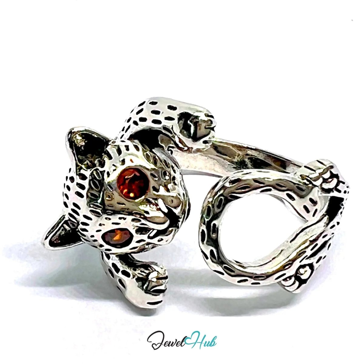 Wild Cat Silver Ring | Hallmarked 925 Adjustable Band with Red Gem Eyes - JewelHub.co.uk
