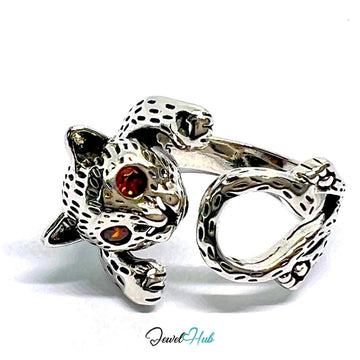 Wild Cat Silver Ring | Hallmarked 925 Adjustable Band with Red Gem Eyes - JewelHub.co.uk