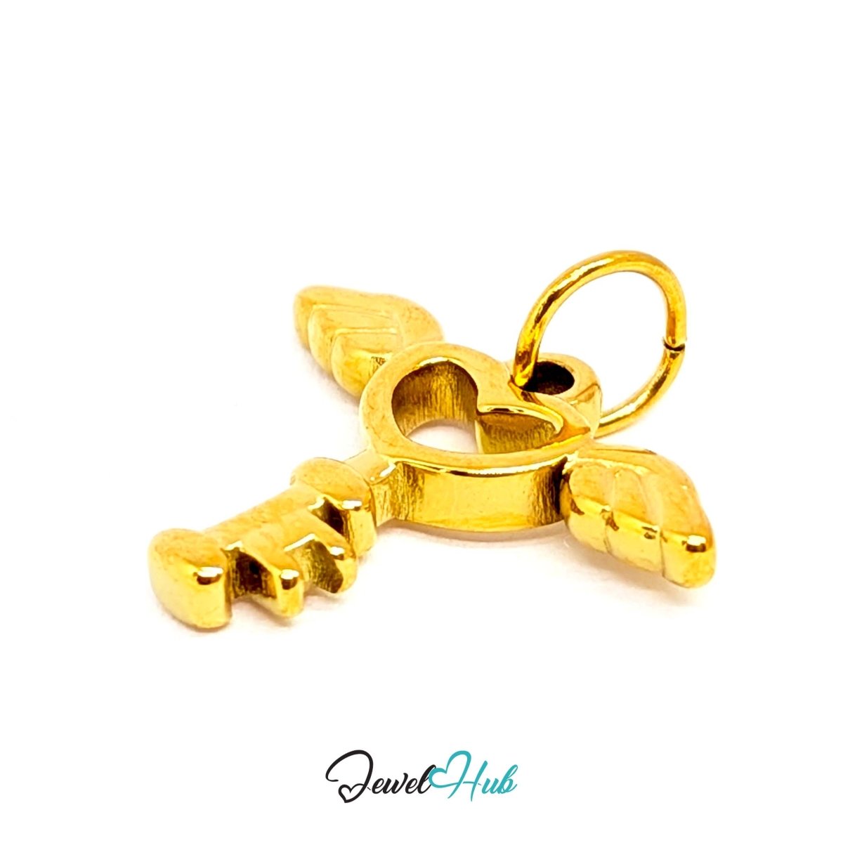 Winged heart key charm in gold stainless steel - angled view - JewelHub