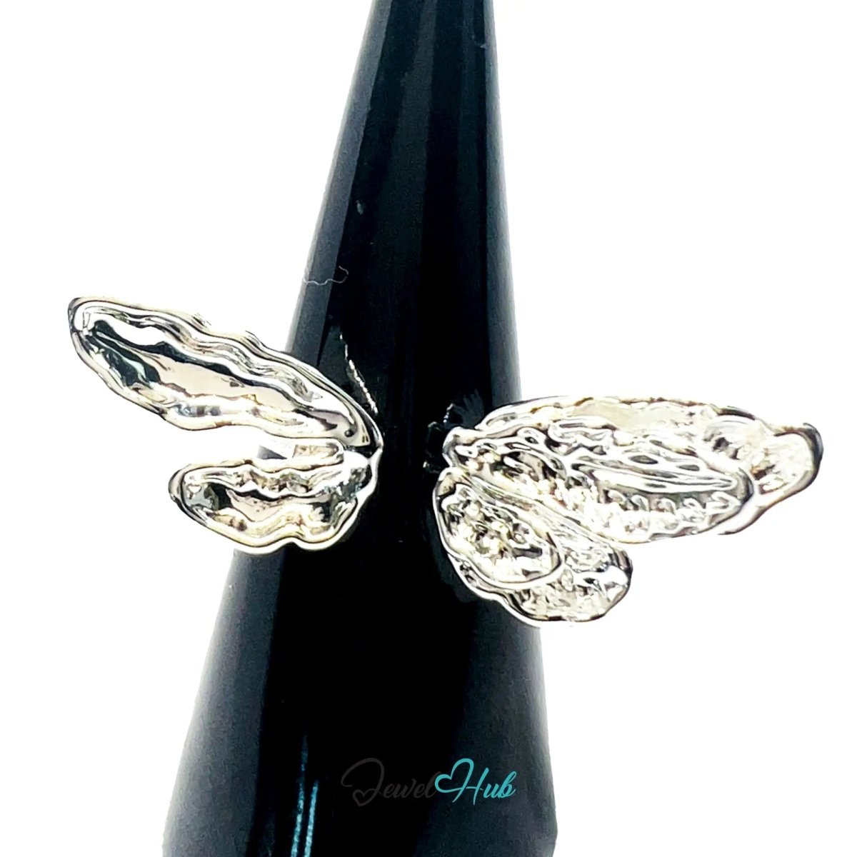 Winged Silver Ring | Hallmarked 925 Nature - Inspired Statement Band | Sculptural Leaf Design in Sizes M–O - JewelHub.co.uk