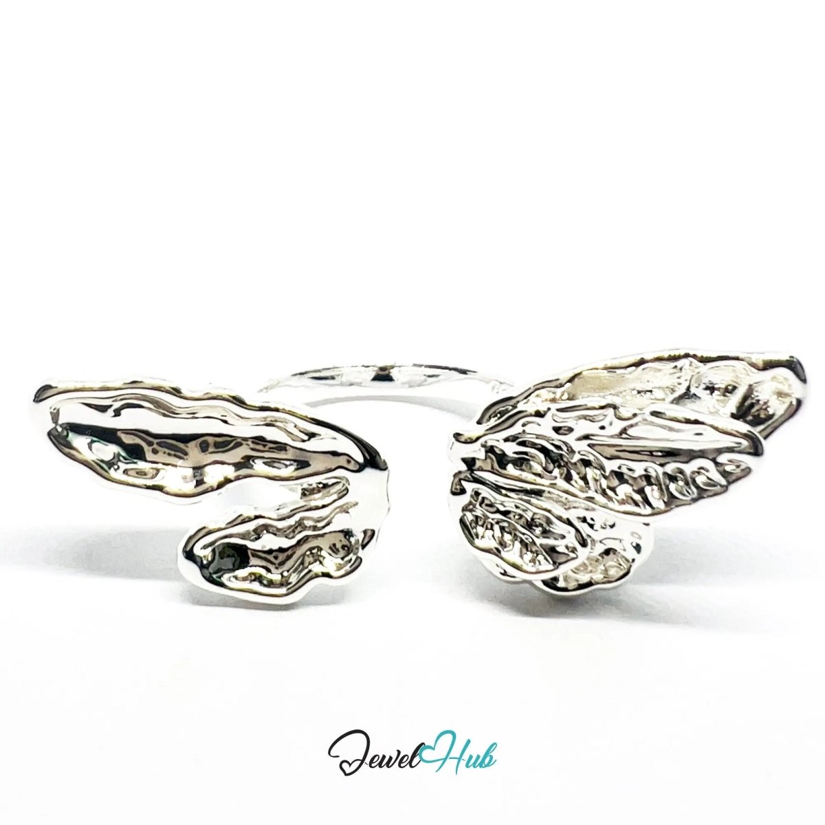 Winged Silver Ring | Hallmarked 925 Nature - Inspired Statement Band | Sculptural Leaf Design in Sizes M–O - JewelHub.co.uk